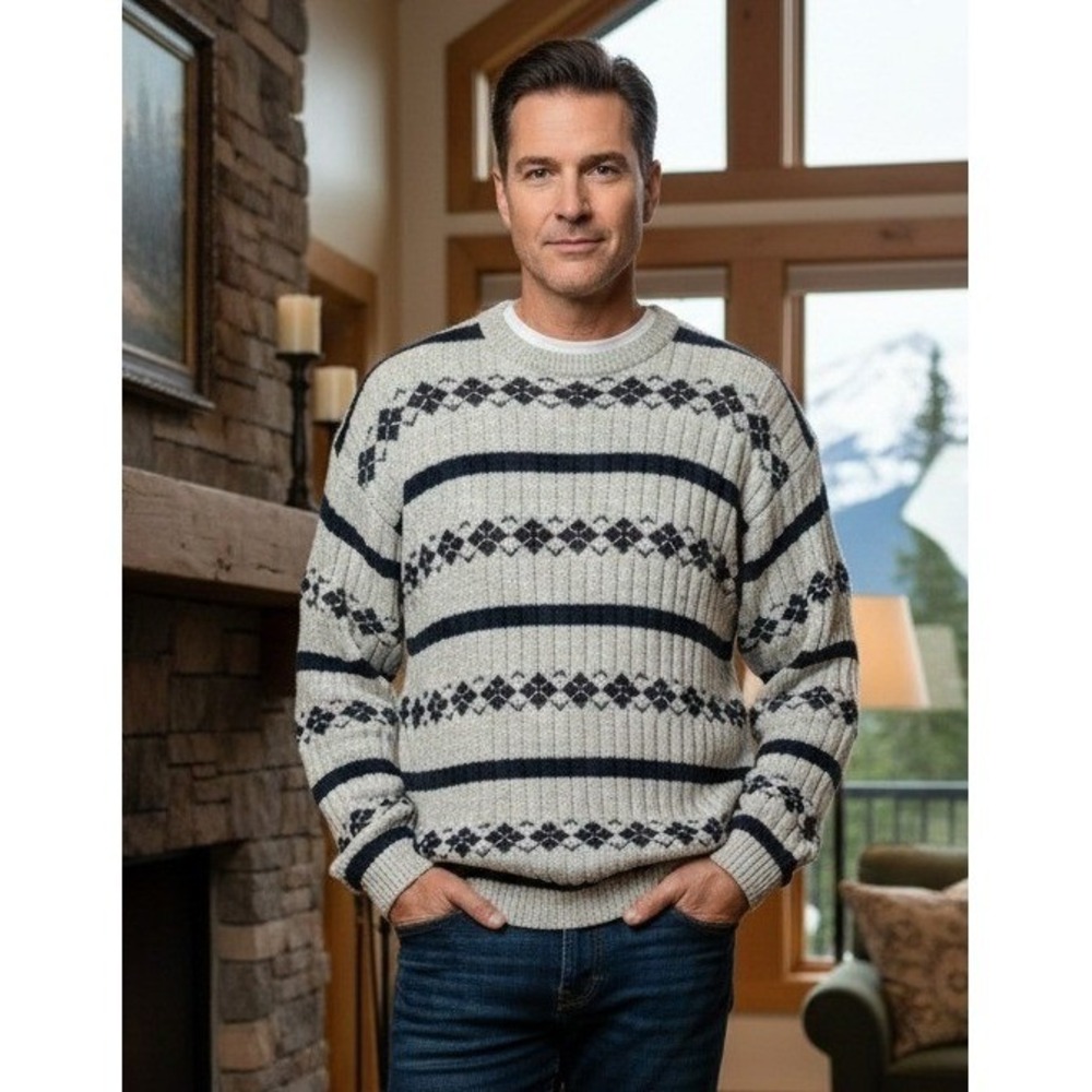 Boca Classics Sweater Men's Size L Argyle Stripe Knit Cotton Grandpa Pullover